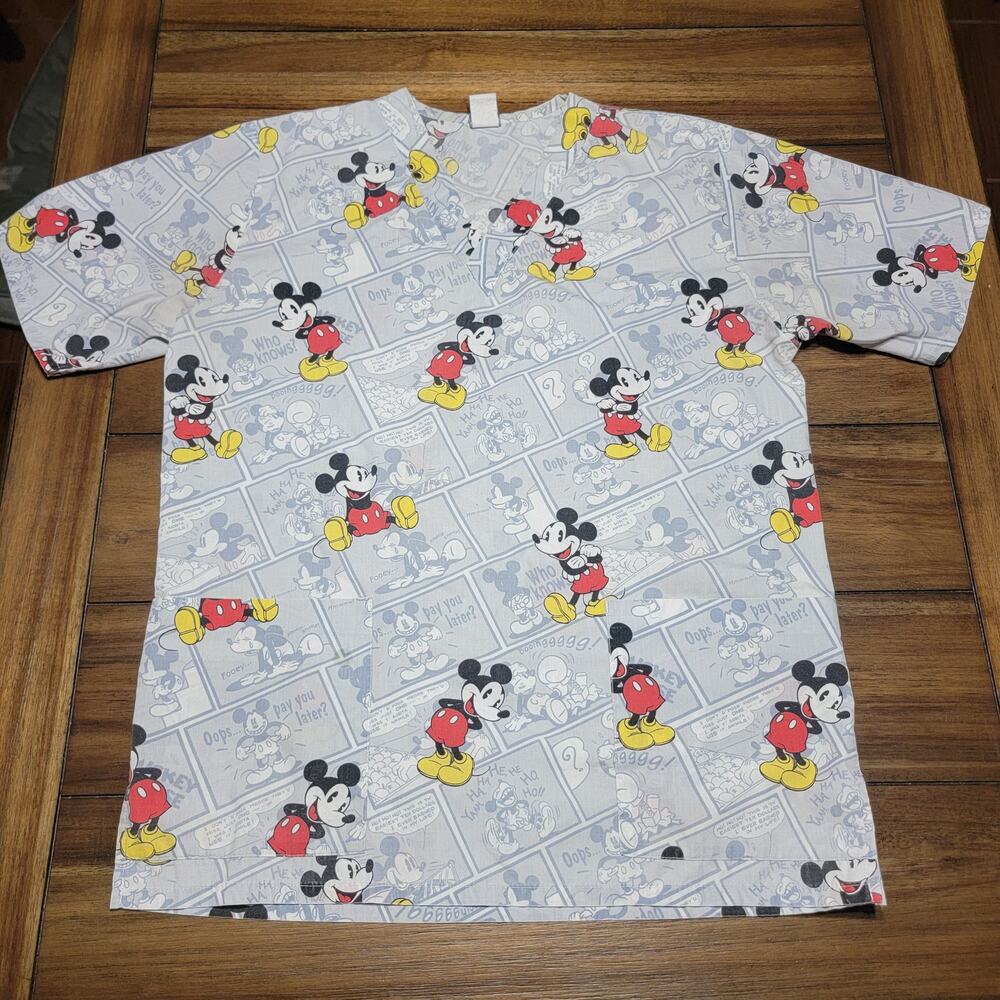 Disney V-Neck Grey Comic Strip Mickey Scrub Top - Size Small